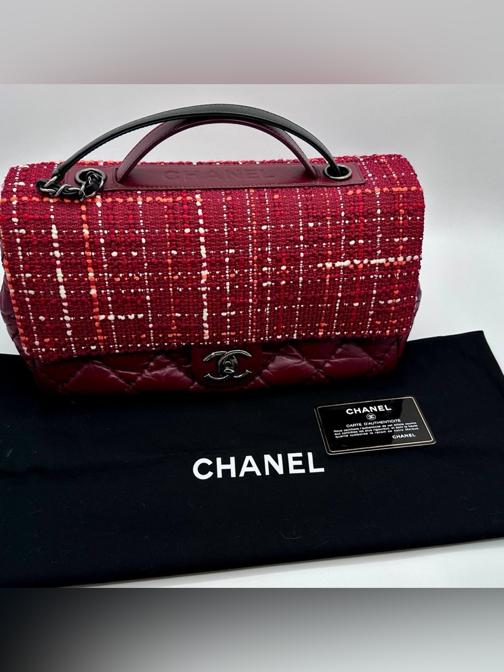 CHANEL Red Tweed & Quilted Leather Top-Handle Flap Bag